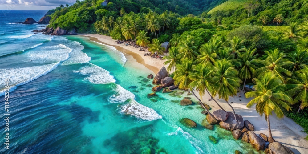 Aerial view of a tropical beach with waves gently lapping at the shore in Seychelles, surrounded by swaying palm trees and vibrant marine life, tropical, Indian Ocean Aerial view of a tropical beach with waves gently lapping at the shore in Seychelles, surrounded by swaying palm trees and vibrant marine life, tropical, Indian Ocean