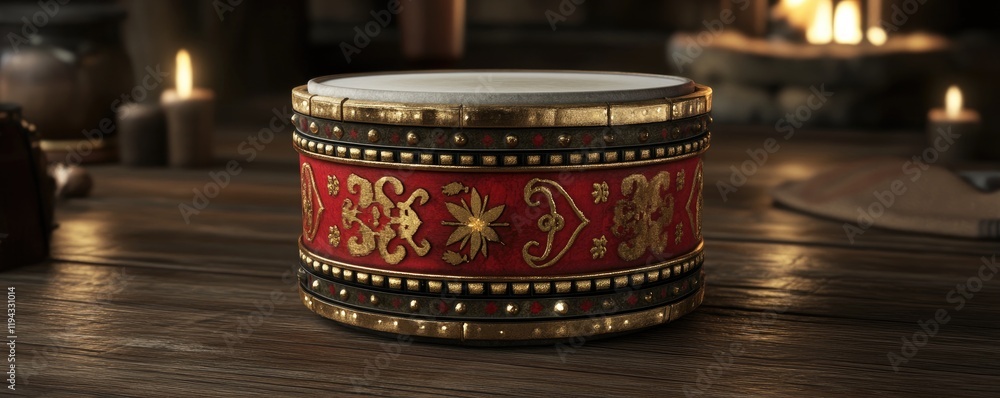 Ornate drum on wooden table, candlelight background, fantasy setting, game asset Ornate drum on wooden table, candlelight background, fantasy setting, game asset