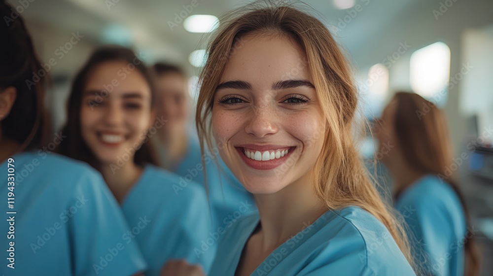 Smiling medical student hallway portrait, teamwork Smiling medical student hallway portrait, teamwork