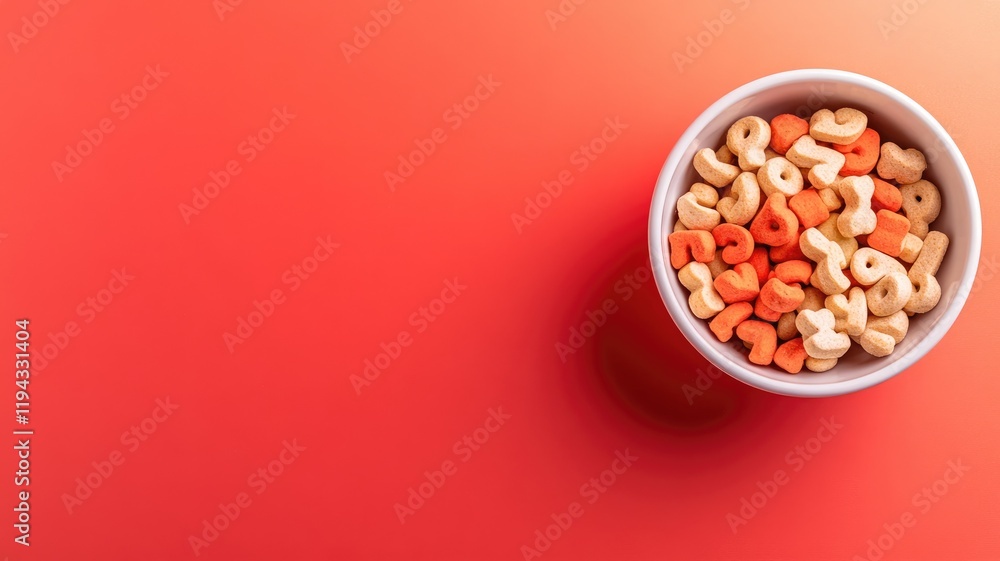 Bowl of colorful alphabet cereal on red background Bowl of colorful alphabet cereal on red background