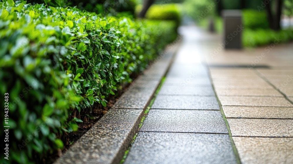 Clean, well-maintained sidewalk bordered by lush green bushes on sunny day Clean, well-maintained sidewalk bordered by lush green bushes on sunny day