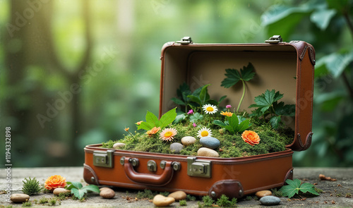 A suitcase from which leaves, sand, stones and flowers fall out, creating an atmosphere of traveling to nature or exotic places photo