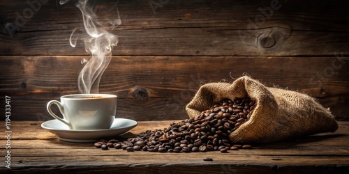 Cozy cup of coffee with heart-shaped steam rising from a burlap sack filled with coffee beans on an old wooden background, smoke