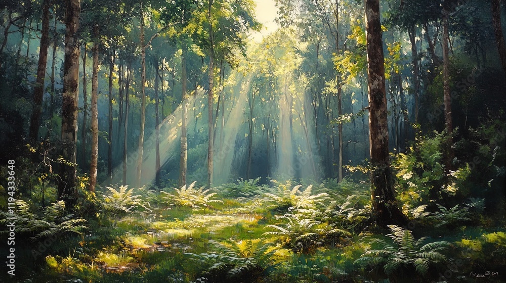 Obraz premium A serene forest with sunlight filtering through dense green canopies, dew-kissed ferns in the foreground