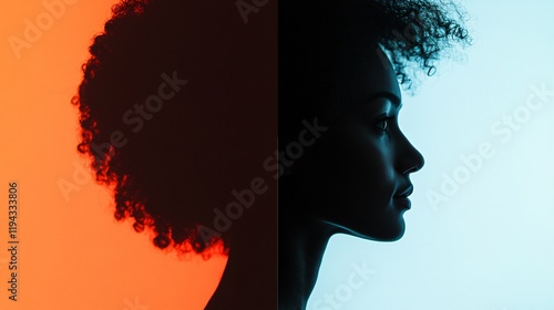 Profile Silhouette of Woman with Curly Hair against Colorful Backgrounds