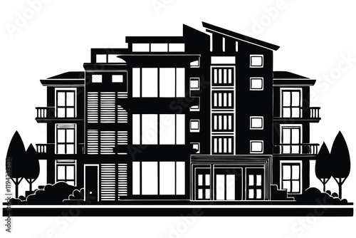 Exterior of apartment building vector black color silhouette