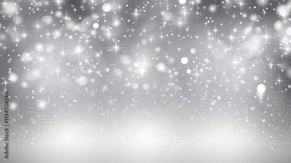 Winter background with the image of falling snow, stars and bokeh lights, white and gray colors, shiny glittery texture, blurred background Winter background with the image of falling snow, stars and bokeh lights, white and gray colors, shiny glittery texture, blurred background