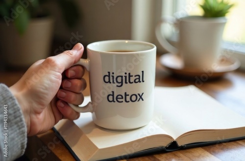 Holding a mug that reads digital detox while relaxing next to an open book and potted plant in a warm atmosphere photo