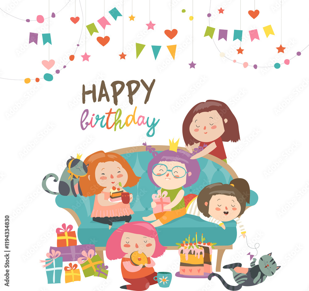 Group of cute girls celebrating birthday. Girls spending time together at homev Group of cute girls celebrating birthday. Girls spending time together at homev