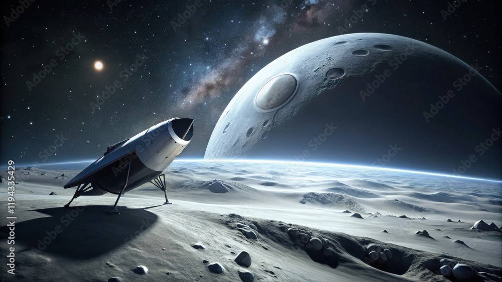 A lone spacecraft rests on an alien planet's surface, gazing towards a large moon and distant stars. A lone spacecraft rests on an alien planet's surface, gazing towards a large moon and distant stars.