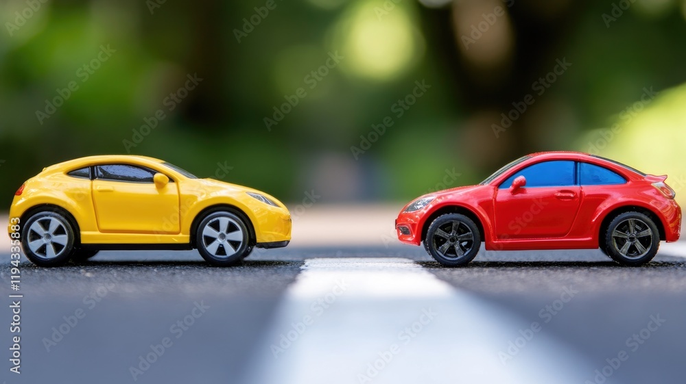 Two colorful toy cars face each other on road Two colorful toy cars face each other on road