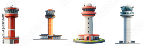 Colorful Airport Control Towers Isolated on Transparent Background