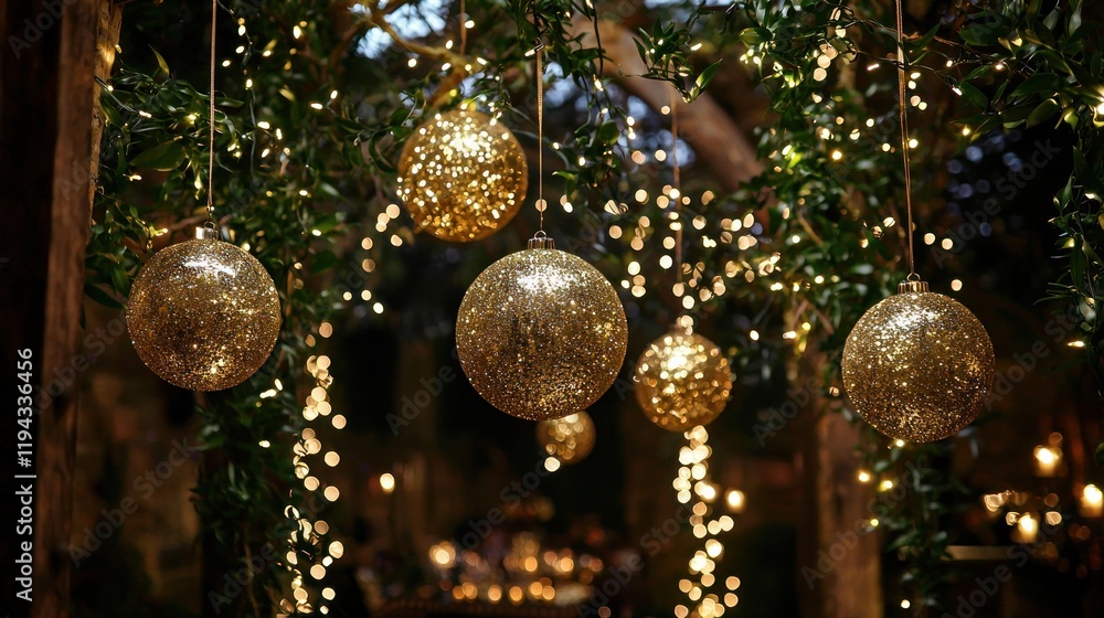 custom made wallpaper toronto digitalGolden Sparkle Christmas Ornaments Hanging from Tree Branches