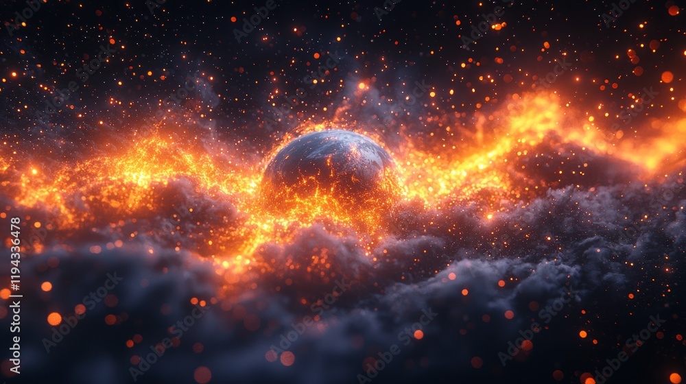 Fiery planet engulfed in flames, cosmic dust, space background; science fiction, fantasy art Fiery planet engulfed in flames, cosmic dust, space background; science fiction, fantasy art