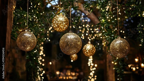 Wallpaper Mural Golden Sparkle Christmas Ornaments Hanging from Tree Branches Torontodigital.ca