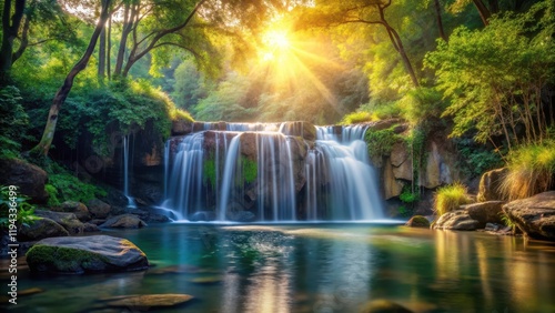 Serene Waterfall Cascading Through Lush Green Forest Bathed in Golden Sunlight