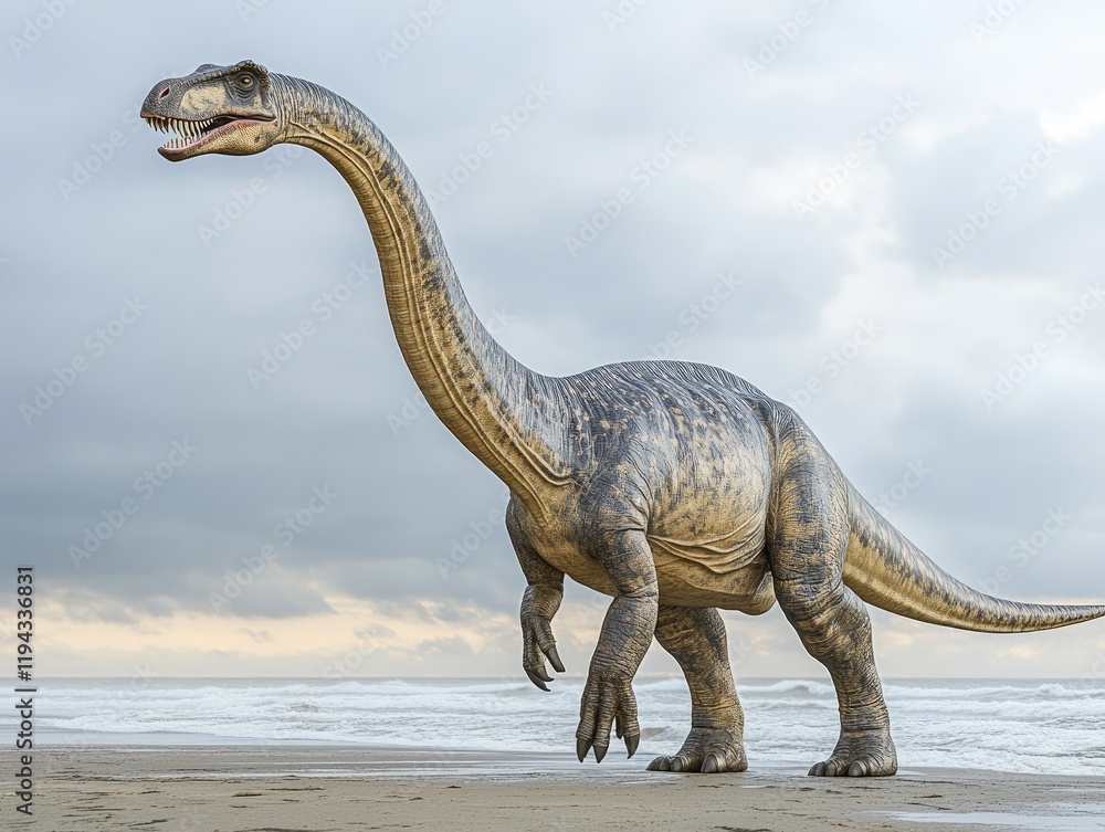 Fototapeta premium A Majestic Dinosaur Strolling Along a Serene Beach Under a Dramatic Overcast Sky