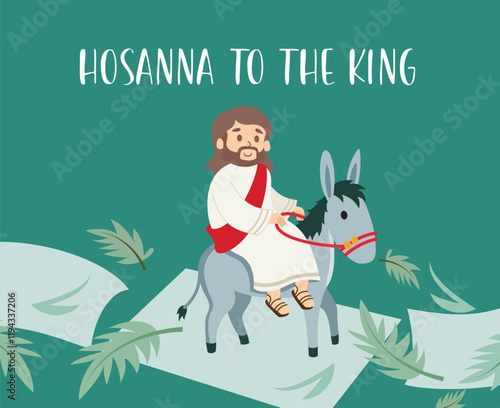 Jesus palm sunday clipart design. Jesus christ character riding in donkey for lord risen hosanna to the king easter sunday clip art. Vector illustration happy easter celebration. 

