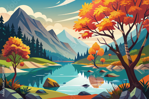 Autumn tree and lake wonderful scenery vector art illustration