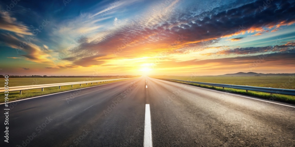 Asphalt Road Leading to a Vibrant Sunset Over a Flat Landscape Asphalt Road Leading to a Vibrant Sunset Over a Flat Landscape