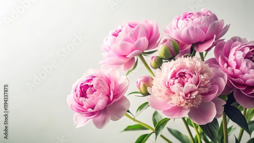 Fototapeta Naklejka Na Ścianę i Meble -  Softly blooming pink peonies against a white backdrop , Beautiful Pink Flowers Background, Botanicals