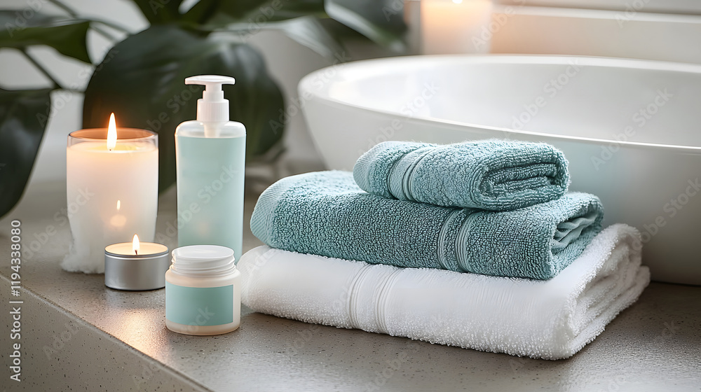 Tranquil spa setting with neatly folded towels burning candles and an assortment of facial treatment products creating a calming and rejuvenating atmosphere for self care and relaxation Tranquil spa setting with neatly folded towels burning candles and an assortment of facial treatment products creating a calming and rejuvenating atmosphere for self care and relaxation