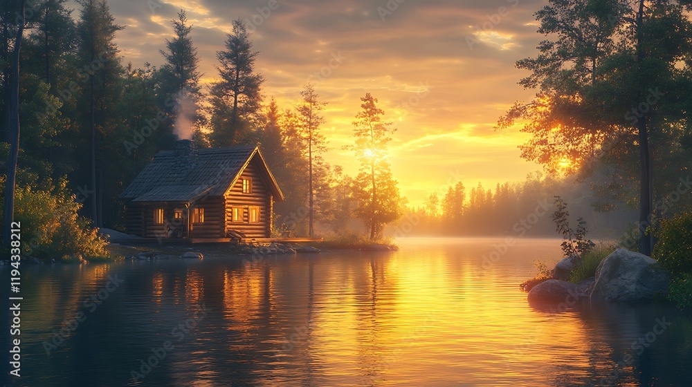Fototapeta premium A rustic log cabin on the shore of a peaceful forest lake, the still water reflecting the golden sunset and surrounding trees, tranquil and magical ambiance, photorealistic textures,