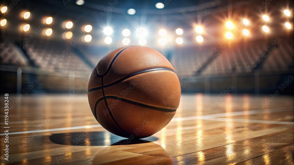 A lone basketball rests on a gleaming court in a dimly lit arena A lone basketball rests on a gleaming court in a dimly lit arena