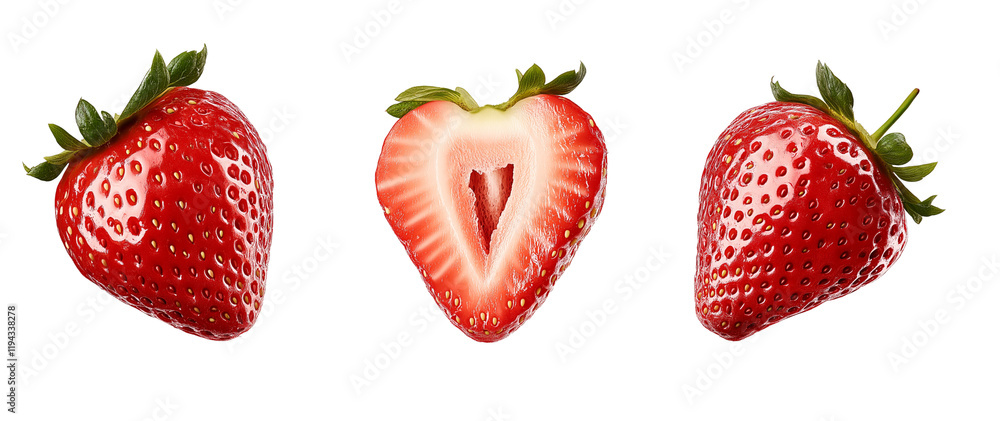 Three whole and sliced strawberries, isolated on a transparent background png Three whole and sliced strawberries, isolated on a transparent background png