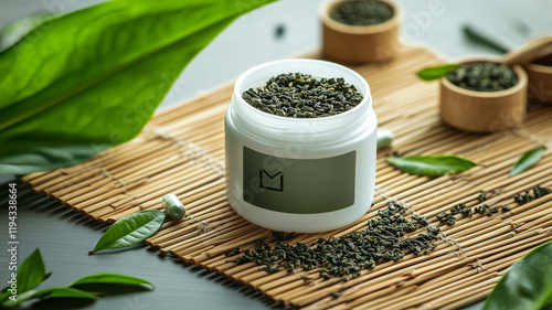 A clean, white jar of L-Theanine capsules with a bold green tea logo, surrounded by neatly arranged fresh tea leaves and a natural bamboo mat setting. Ai generated (1) photo