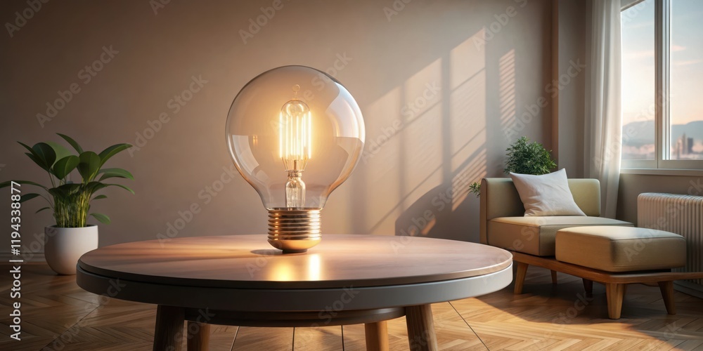 Illuminated Interior Design A Warm and Serene Living Space Featuring a Glowing Filament Lightbulb Centerpiece on a Modern Round Table Illuminated Interior Design A Warm and Serene Living Space Featuring a Glowing Filament Lightbulb Centerpiece on a Modern Round Table