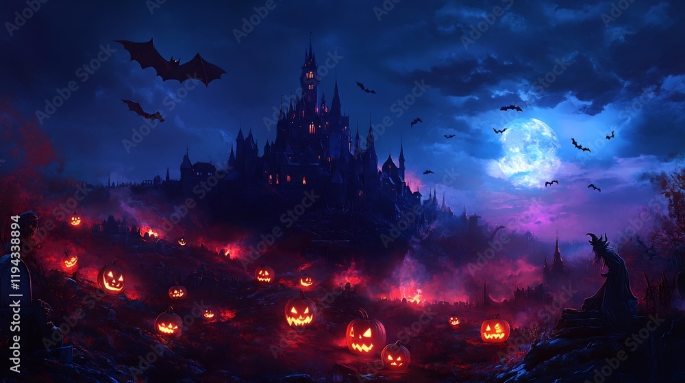 Halloween Night at the Spooky Castle: Jack-o'-lanterns, Bats, and a Full Moon