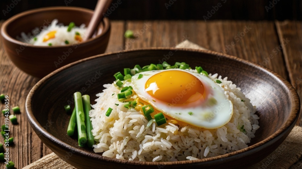 Homemade Asian Fried Egg and Rice Breakfast with Soy Sauce and Sesame Seeds Homemade Asian Fried Egg and Rice Breakfast with Soy Sauce and Sesame Seeds