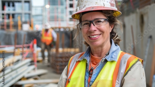 woman working on a construction site, construction hard hat and work vest, smiling, middle aged or older, photo