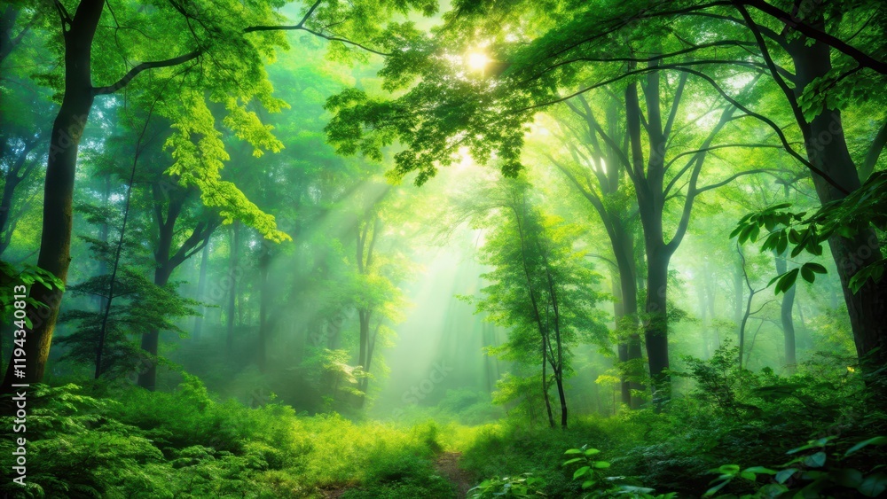 Obraz premium A lush green forest with vibrant leaves and a misty atmosphere, ecosystem, environment, ecosystem, environment
