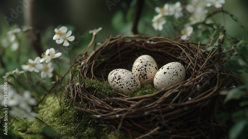 A close-up of speckled eggs in a finely woven bird's nest, surrounded by delicate green moss and tiny wildflowers, natural lighting, realistic texturesreal. Ai generated (1)