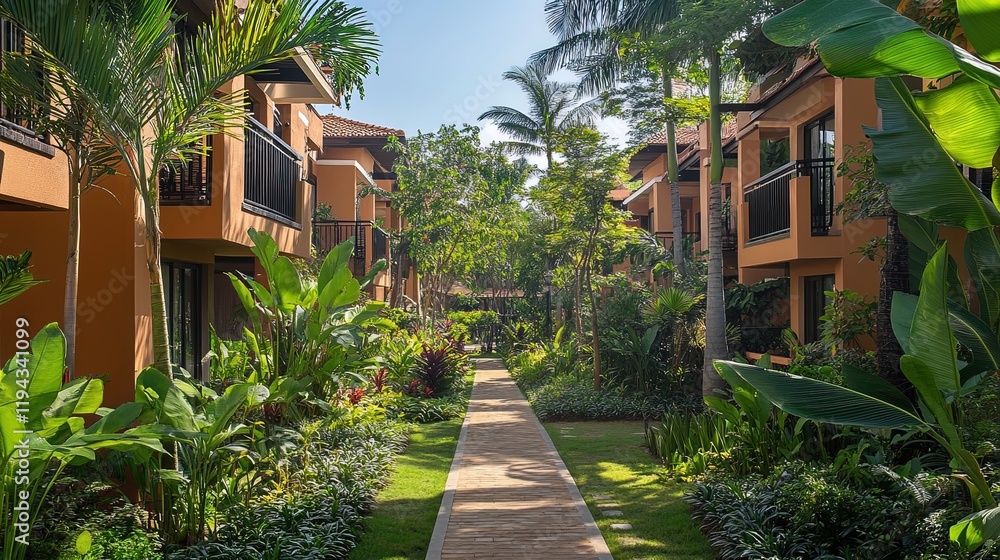 Fototapeta premium A peaceful community living space surrounded by lush gardens and pathways