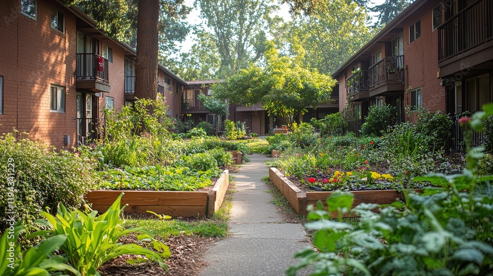 A peaceful community living space surrounded by lush gardens and pathways A peaceful community living space surrounded by lush gardens and pathways
