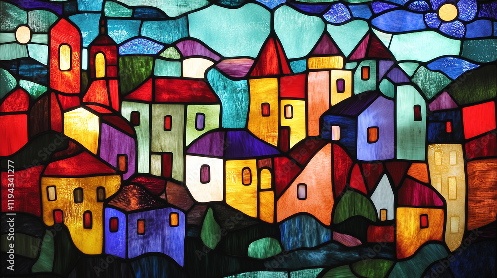 Obraz premium Beautiful city stained glass background wallpaper