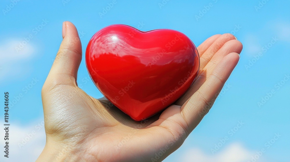 A Hand Holding a Red Heart Against a Blue Sky: A Symbol of Love, Care, and Compassion A Hand Holding a Red Heart Against a Blue Sky: A Symbol of Love, Care, and Compassion