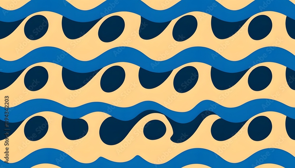 Retro-inspired seamless pattern with blue waves and dark dots on a gold background. Perfect for vintage or 70s-themed designs. Retro-inspired seamless pattern with blue waves and dark dots on a gold background. Perfect for vintage or 70s-themed designs.