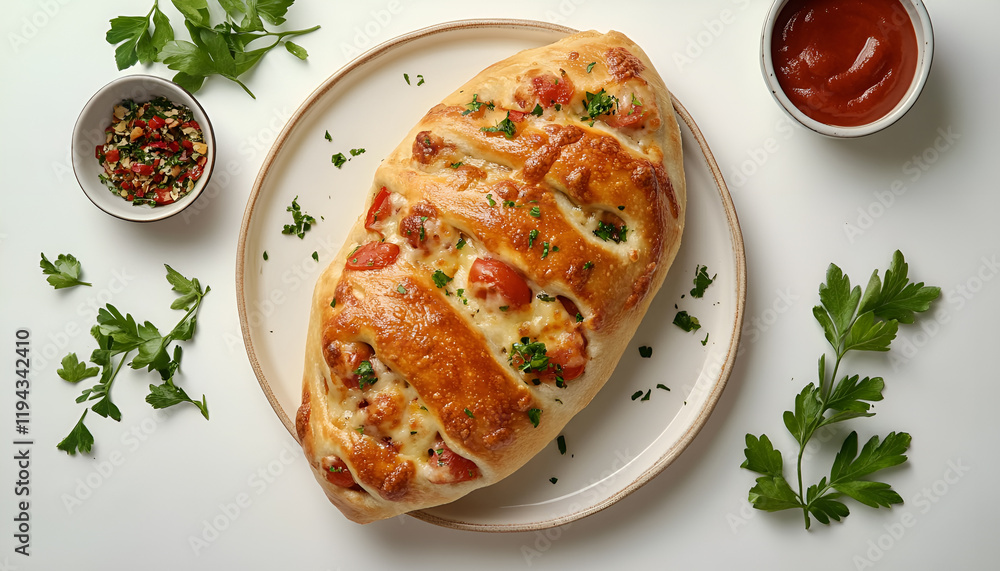 Plate with delicious calzones on white background, top view Plate with delicious calzones on white background, top view