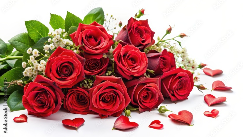 Obraz premium A bouquet of red roses with a single long-stemmed rose in the center surrounded by smaller flowers