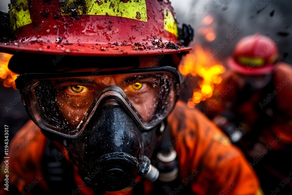 Fototapeta premium Nahaufnahme eines Feuerwehrmanns im intensiven Einsatz gegen Flammen