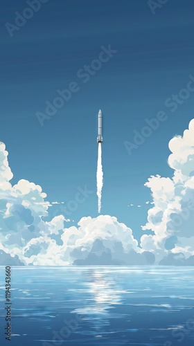 Illustration of the moment the rocket was launched: the magnificent scene of water and sky, shrouded in clouds