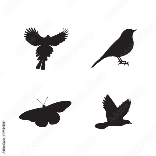 Set of silhouettes of birds and butterfly