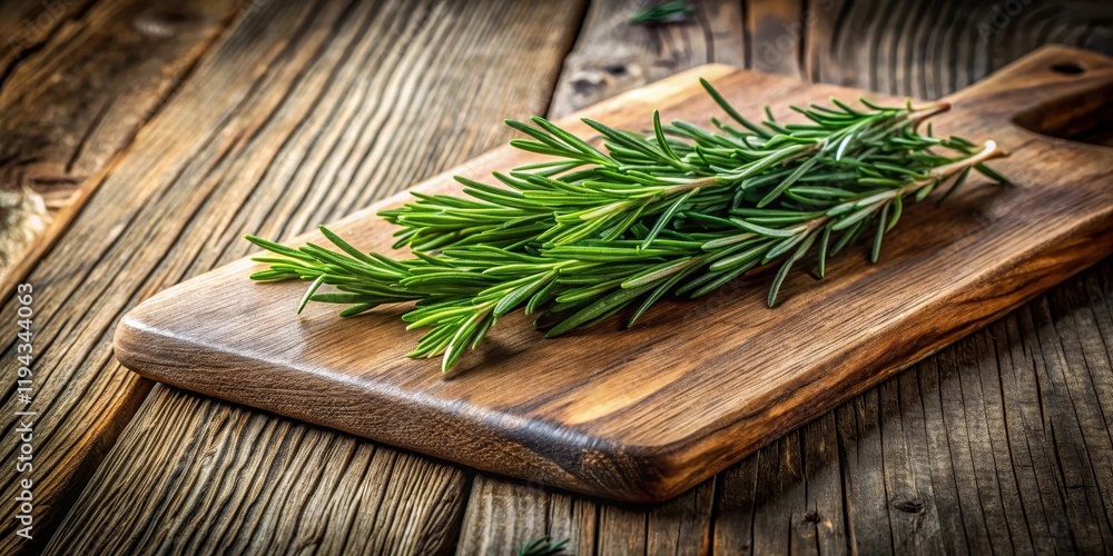 Fresh rosemary sprig on a rustic wooden cutting board , fresh produce, herbs Fresh rosemary sprig on a rustic wooden cutting board , fresh produce, herbs