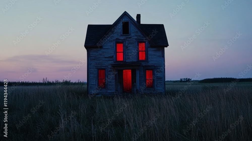 Lonely Abandoned House with Glowing Red Windows at Dusk Lonely Abandoned House with Glowing Red Windows at Dusk