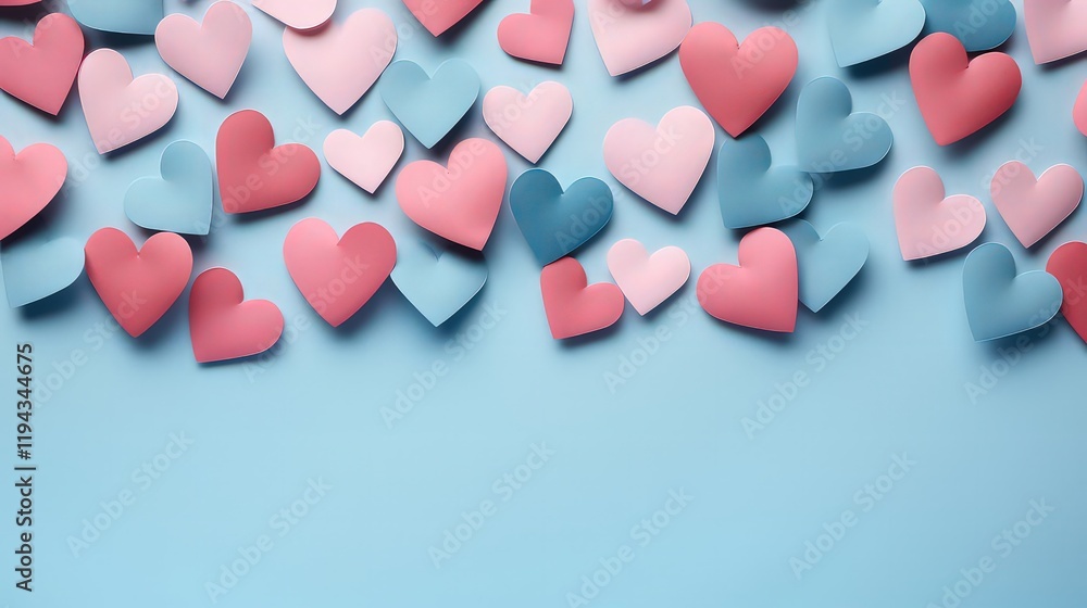 Obraz premium Soft pastel pink and blue hearts, isolated on blue paper table background texture, top view