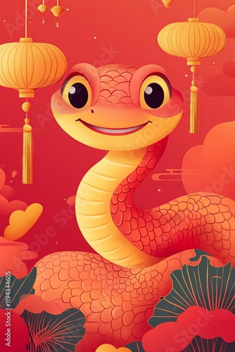 Chinese wind Snake Spring Festival cartoon red background